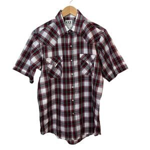 Ely Cattleman Men's Shirt Plaid Medium‎ Pearl Snaps Western Short Sleeve Red